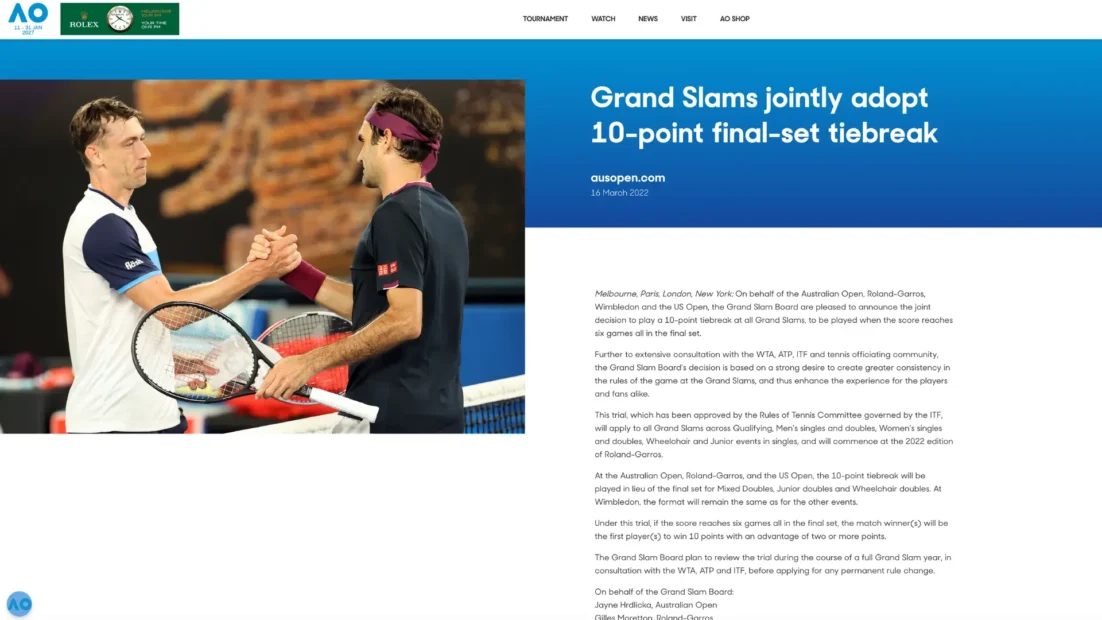 Comunicado no site do Australian Open sobre o tiebreak de 10 pontos no último set dos Grand Slams