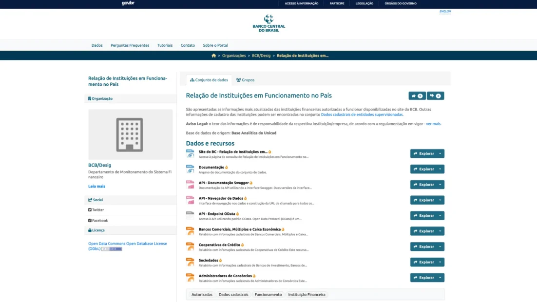 Portal de dados abertos do Banco Central do Brasil com o conjunto Relação de Instituições em Funcionamento no País e a lista de recursos