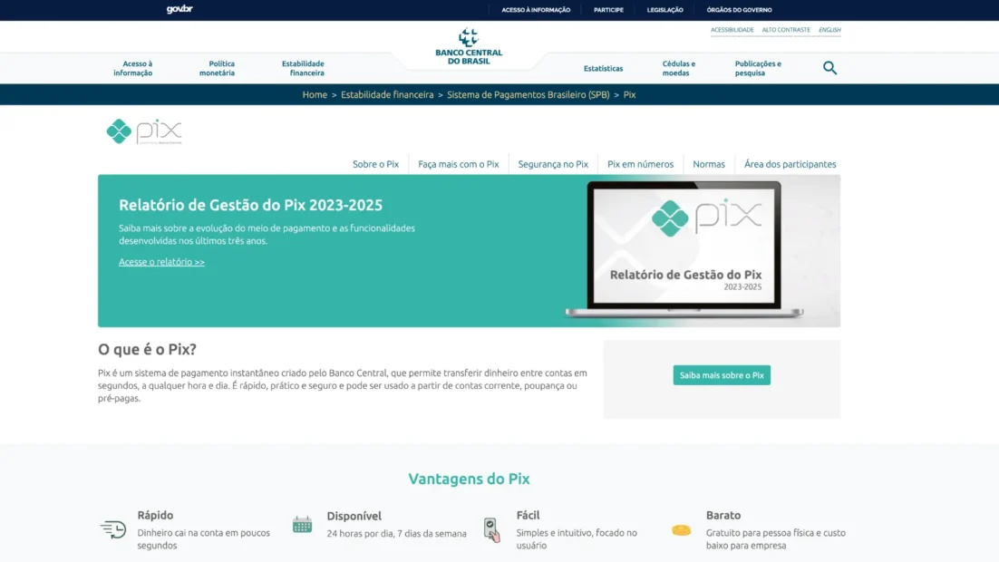 Página do Pix no site do Banco Central do Brasil, com a explicação do que é o Pix e as vantagens: rápido, disponível, fácil e barato