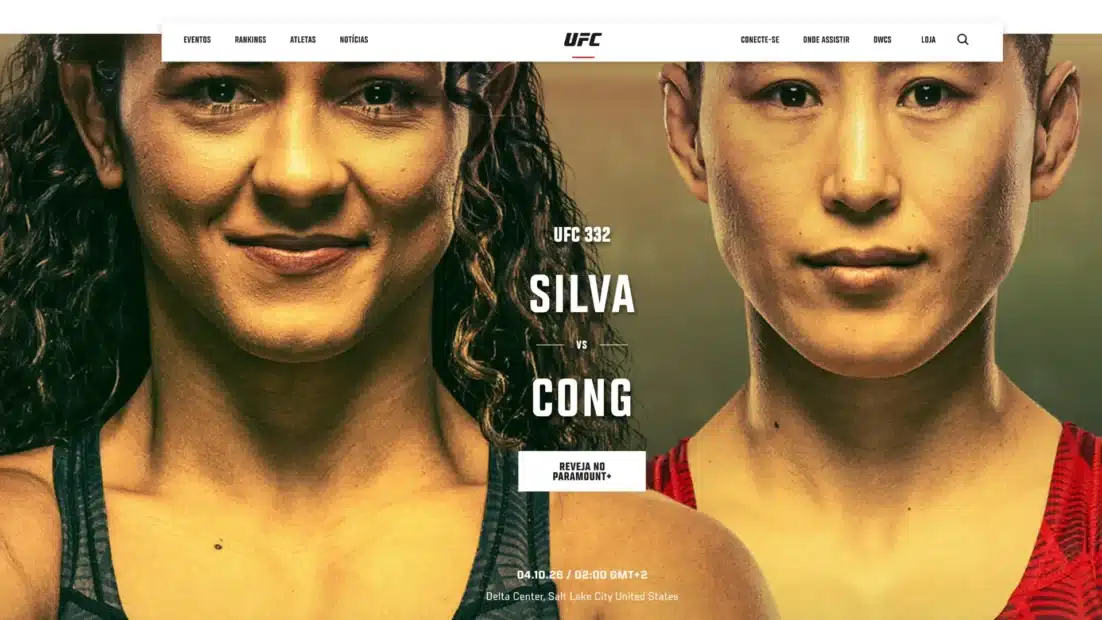 Página do evento UFC 332 no site do UFC, com Natalia Silva e Wang Cong na luta principal