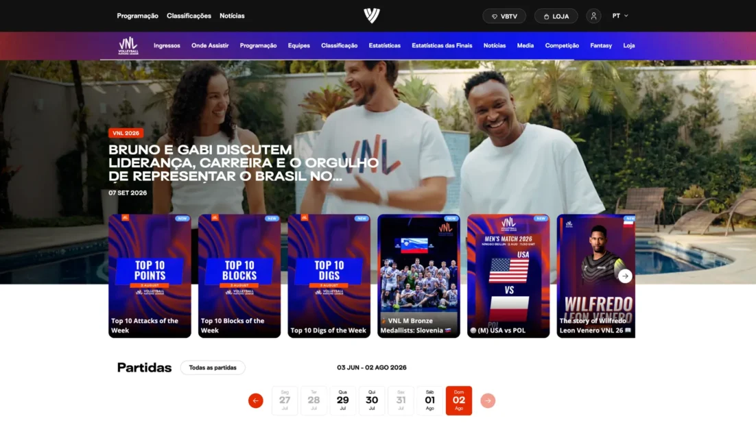 Página da Liga das Nações de vôlei 2026 no site da Volleyball World, em português