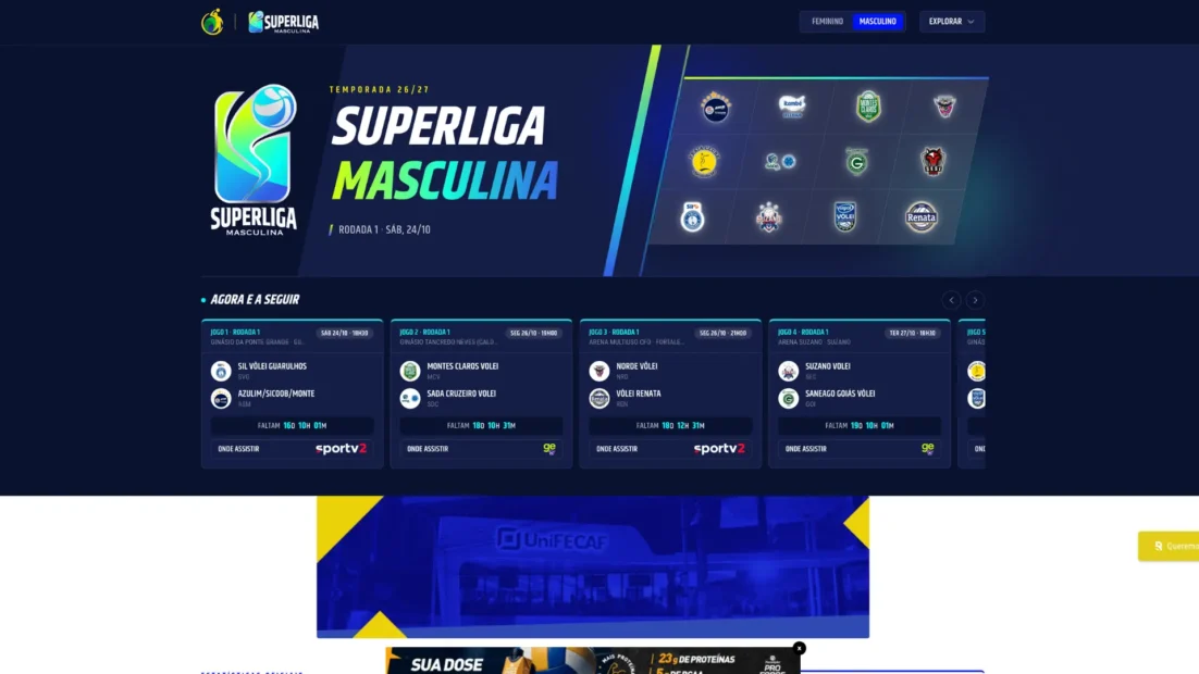 Página da Superliga Masculina de vôlei no site da CBV, temporada 26/27, com os jogos da primeira rodada